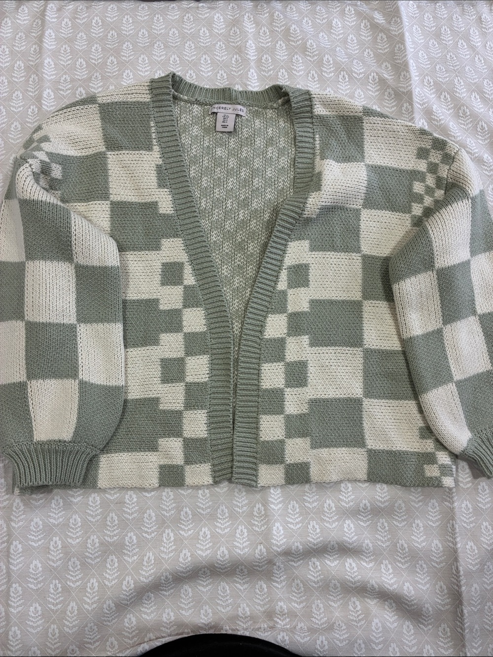 Sincerely Jules Sage Green & Cream Checkerboard Cardigan